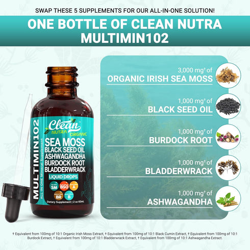 Clean Nutraceuticals Sea Moss Liquid Drops Supplement with Black Seed Oil Ashwagandha Burdock Root & Bladderwrack - Multimineral Organic Non-GMO V...
