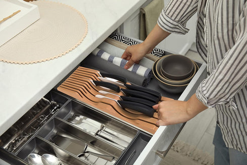 Large In-Drawer Plastic Knife Block: 11 Slot (Holds 10-12 Knives) Empty Knife Holder for Kitchen Drawers - Cutlery Tray Organizer & Storage...