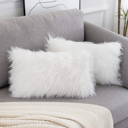 WLNUI Set of 2 White Decorative Lumbar Fluffy Pillow Covers New Luxury Series Merino Style Faux Fur Throw Pillow Covers Fuzzy Cushion Case Spring ...