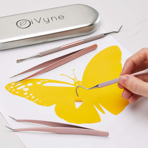 Premium Vinyl Weeding Tool Kit - Precision Stainless Steel Weeder - Hook and Pick with Fine Tweezers Crafting Set for Cricut Vinyl - by iVyne (Ros...