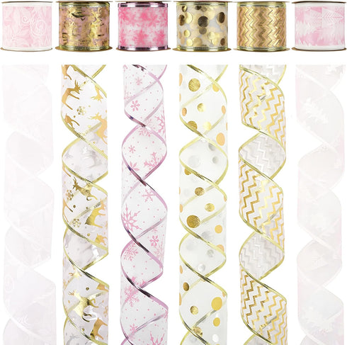 MEEDEE Pink Wired Christmas Ribbon - 2.5 Inch, 6 Rolls, 36 Yards for Tree, Wreaths & Garland...
