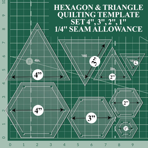 Quilting Acrylic Template Set | Precision Tools for Quilting Enthusiasts | Hexagon & Triangle Design | Includes Sizes 4", 3", 2", 1" | 1/8 Clear A...