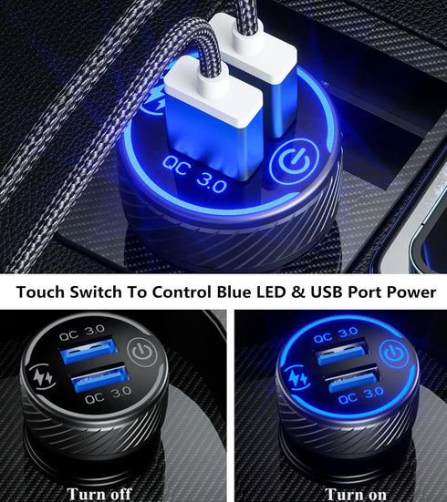 BRCOVAN Car Charger, Dual QC3.0 Port USB Car Phone Charger Adapter, 36W 3A Fast Charge with Touch Switch & Blue LED...