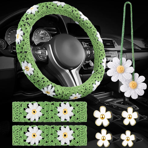 Frienda 8 Pcs Crochet Car Accessories Set Handmade Crochet Steering Wheel Cover 2 Pcs Belt Cover Hanging Cute Plants 4 Pcs Air Vent Clip for Women...