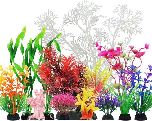 Aquarium Decorations Plants with Resin Coral, 12 pcs Fish Tank Accessories, Fish Tank Decorations Small Plants Plastic, Aquarium Decor Artificial ...