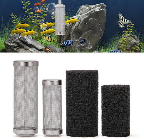 2 Pcs 12mm/16mm Stainless Steel Aquarium Filter Intake Guard Mesh Cover,Fish Tank Filter Guard with 2PCS Filter Sponge for Breeding Fish Shrimp Ta...