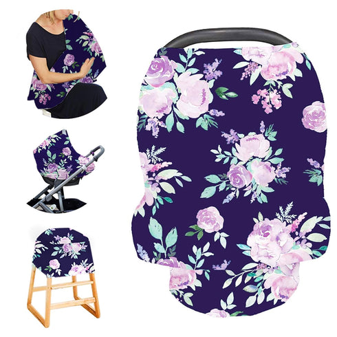 Carseat Cover Girls, Multiuse - Nursing Breastfeeding Covers, Purple Flower Theme, Car seat Canopy, Stretchy Soft Breathable...