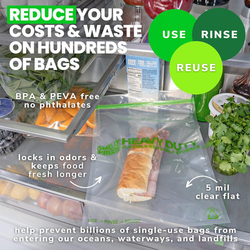 Smelly Proof REUSABLE STORAGE BAGS, Extra Large HEAVY DUTY 5-mils US-Made, BPA FREE, NO PEVA, Dishwasher-Safe Ziplock Reusable Freezer Bags Triple...