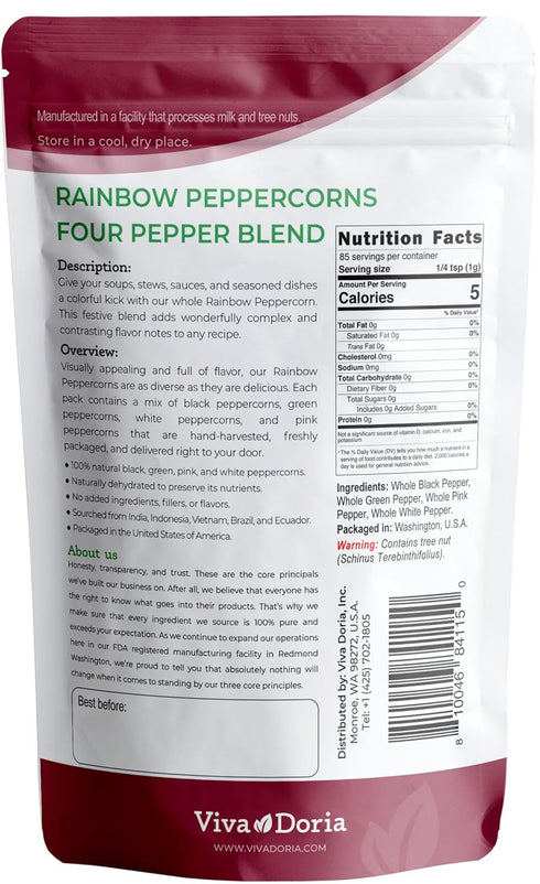 Viva Doria Rainbow Peppercorns - Four Peppercorn Blend, Whole Black, Green, Pink and White Pepper, Steam Sterilized 6 Oz, For Grinder Refill...