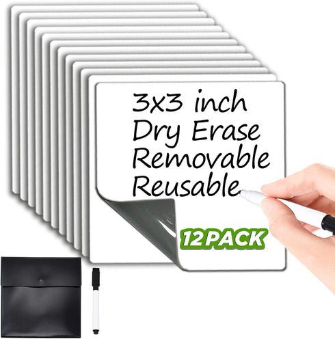 Dry Erase Sticky Notes. Reusable Whiteboard Stickers 3"x3" 12 Pack. Suitable for All Smooth Surface. Great for Labels, Lists, Reminders and Decals...