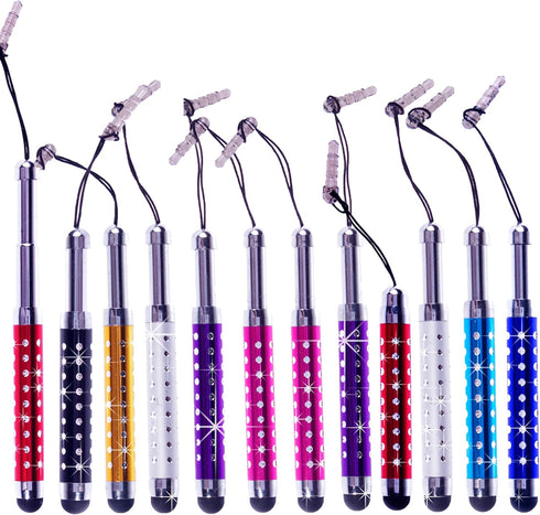 ECO-FUSED Stylus Pen Bundle - 12 Adjustable Bling Stylus Pens- with 3.5mm Jack Connector- for All Capacitive Touchscreen Devices - iPad, iPhone, S...