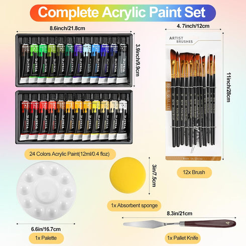 Acrylic Paint Set,39 PCS Artist Painting Supplies with 24 Rich Pigment Color,12 Brushes,Palette,Paint Art Knife & Sponge,Art Craft Paints for Kids...