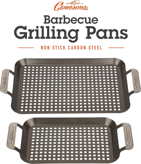 Camerons BBQ Grill Topper Grilling Pans (Set of 2)- Non-Stick Barbecue Trays w Stainless Steel Handles - Indoor Outdoor use for Barbecue & Smoked ...