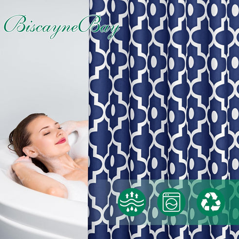 Biscaynebay Extra Long Textured Fabric Shower Curtains 72" W x 84" L, Navy Morocco Pearl Printed Hotel Spa Luxury Decorative Bathroom Curtain Mach...
