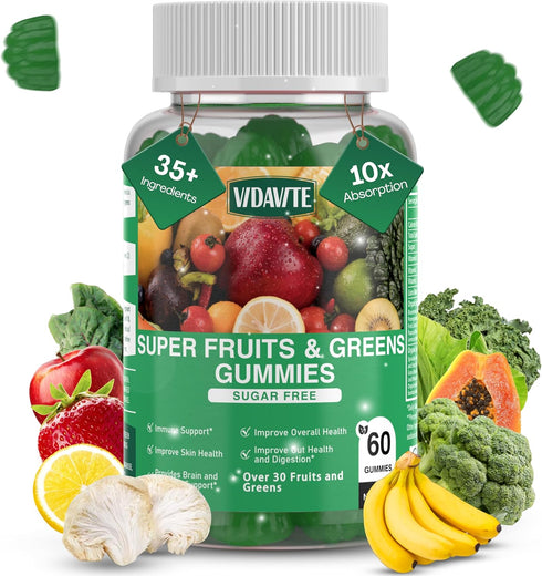 Sugar-Free Fruit and Veggie Gummies — 35+ Greens, Fruit and Vegetable Vitamins to Boost Immunity, Skin & Gut Health — Ideal Fruit and Vegetable Su...