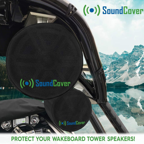 Two Large Black Heavy Duty Marine Wakeboard Tower Pod Speaker Covers for Large Round Boat Speakers - Cover Dimensions: Height 14" x Width 14" x De...