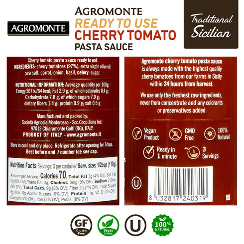 Agromonte Authentic Italian Cherry Tomato Pasta Sauce (Classic)- Taste of Italy Gourmet Foodie and Chef Gift - Ready to Use, Certified Kosher, Glu...