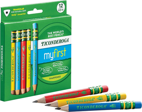 Ticonderoga My First Short Triangular Wood-Cased Pencils, 2 HB Soft, With Erasers, Primary Colors, 12 Count...
