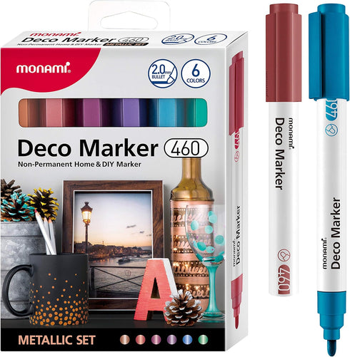 MONAMI Deco Marker 460, Bullet Tip (2.0mm), Water-Based Premium Acrylic Paint Markers for Home Decorations, Arts, Crafts, METALLIC 6-Pack (M-Red, ...