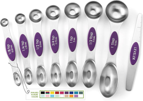 Spring Chef Purple Stainless Steel Magnetic Measuring Spoons Set of 8 with Leveler, Dual Sided Metal Teaspoon & Tablespoon Measuring Spoons, Kitch...