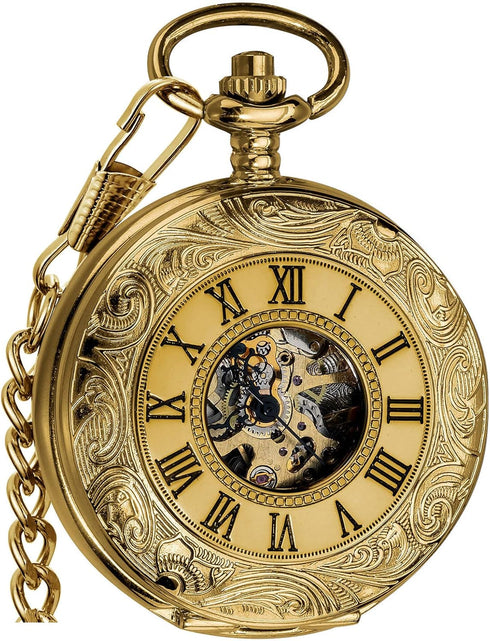 VIGOROSO Vintage Hand Wind Up Pocket Watches for Men, Mechanical Pocket Watch with Chain, Mens Skeleton Pocketwatch...