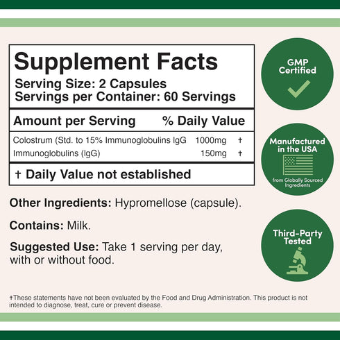 Colostrum Supplement 120 Capsules, 1,000mg per Serving (Bovine Colostrum Powder from First Milking Only, Std. to Contain 15% IgG Immunoglobulins) ...