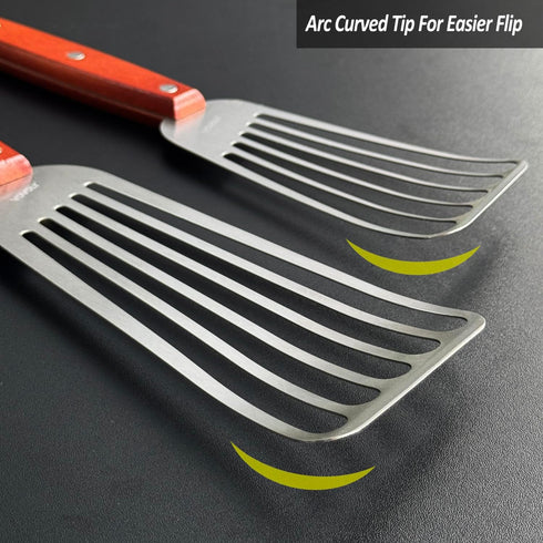 2 Pack Fish Spatula Turner, Stainless Steel Slotted Spatulas for Flipping, Turning, Frying & Grilling, 3"x6"+4"x8" Metal Slotted Spatulas, Wooden ...