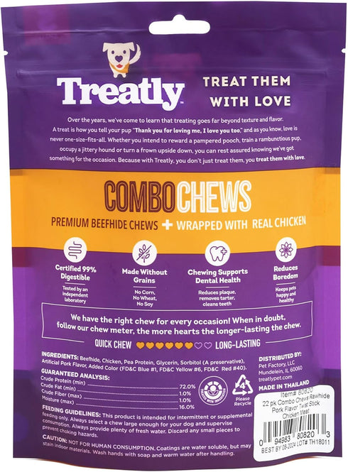 Combo Chews Rawhide/Pork Flavor Rawhide Stick 5" w/Chicken Meat Wrap Dog Chew Treats - 22 Count/1 Pack...