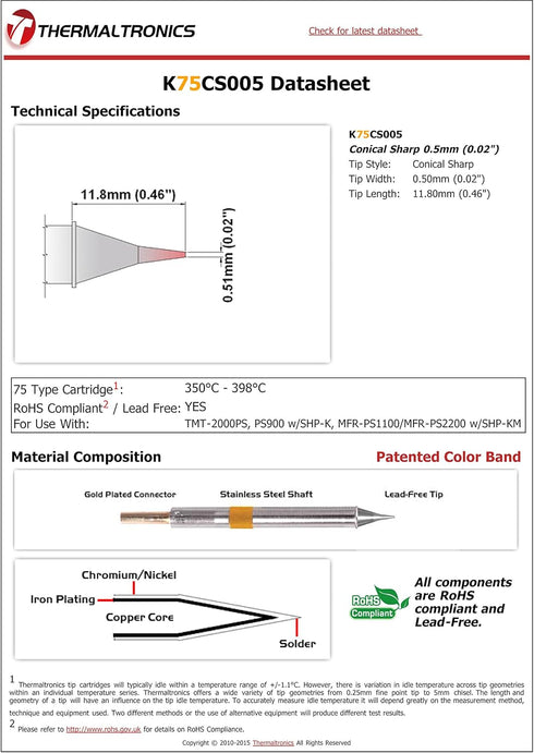 Thermaltronics K75CS005 Conical Sharp 0.5mm (0.02in)...