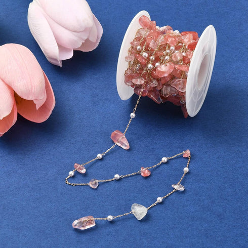 DanLingJewelry 5m Brass Handmade Natural Rose Quartz Stone Beading Chain Pink Irregular Crystal Chains with Spool for Jewelry Making Supplies...