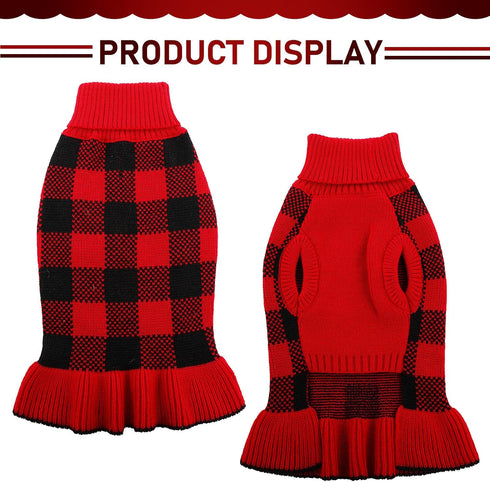 Dog Sweater Dress Plaid Knitwear for Small Medium Dogs Warm Puppy Pet Turtleneck Stretch Pullover Cute Fall Winter Vest Clothes with Leash Hole fo...