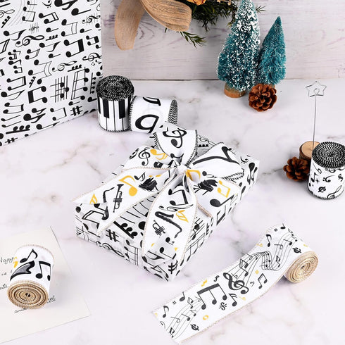 5 Rolls 25 Yards Music Note Wired Ribbon Fabric Ribbons Music Decorative Ribbon for Christmas Tree Decor Winter Holiday Garland Wrapping Bow Wreat...