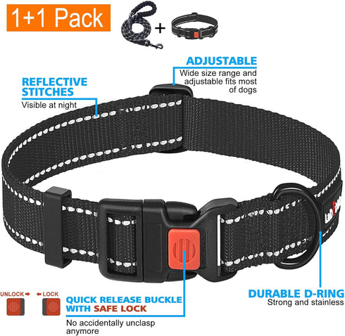 Heavy Duty Dog Leash - Comfortable Padded Handle, 5 ft Long - Dog Leashes for Small Medium Large Dogs (Leash+Collar M Neck 16"-20", Black)...