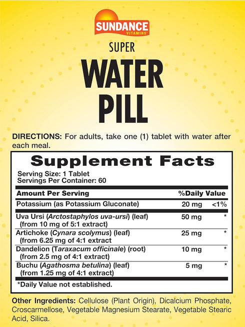Water Pill | 60 Tablets | Fluid Balance Supplement | Vegetarian, Non-GMO, and Gluten Free Formula | by Sundance...