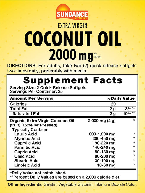 Sundance Extra Virgin Coconut Oil Softgels | 2000mg | 50 Count | Non-GMO and Gluten Free Supplement...