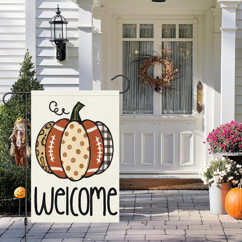 Louise Maelys Welcome Fall Garden Flag 12x18 Double Sided, Small Burlap Autumn Pumpkin Football Garden Flag Fall Thanksgiving Outside Outdoor Hous...