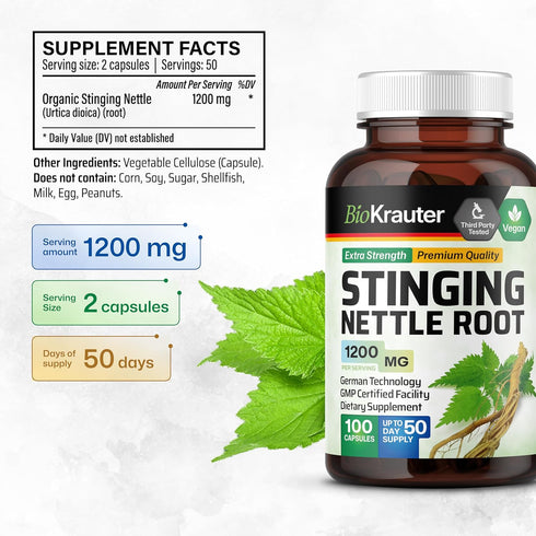 BIO KRAUTER Stinging Nettle Capsules 1200 mg - 100 Natural Urinary Tract & Overall Support Caps - Nettle Root Powder (Urtica Dioica) - Non GMO...