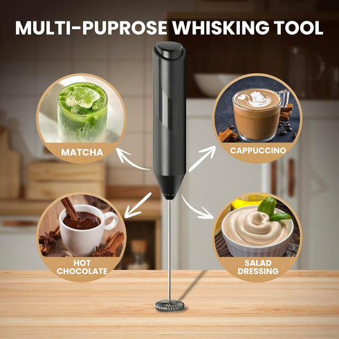 Milk Frother Handheld with Stainless Steel Stand, Battery Operated Whisk Maker Hand Drink Mixer for Coffee, Lattes, Cappuccino, Matcha, Black...