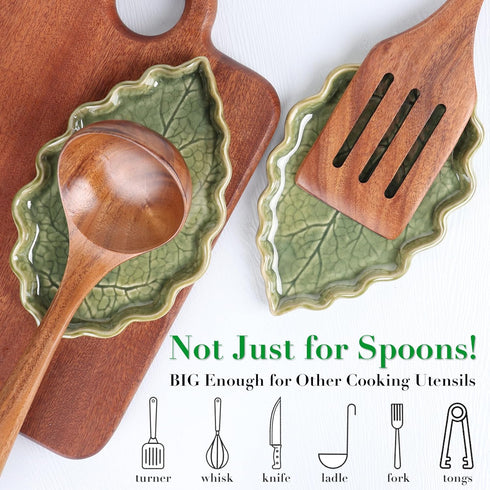 Ceramic Spoon Rest for Stove Top - Cute Green Leaf Shaped Spoon Rest/Spoon Holder for Kitchen Countertop - Cooking Kitchen Spoon Rest Utensil Rest...