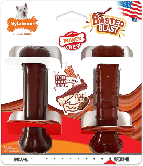 Nylabone Power Chew Basted Blast Dual Flavored Dog Chew Toys for Aggressive Chewers - Durable Dog Bones with 2 Layers of Flavor - Bacon and Steak ...