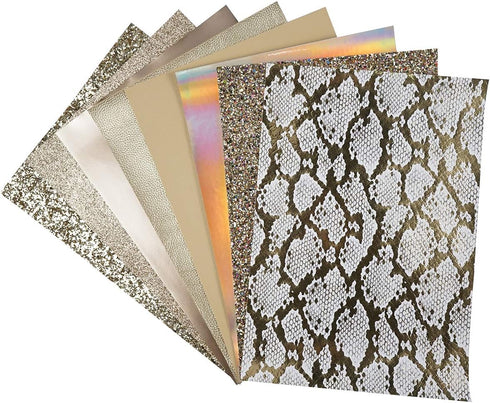 8 Pieces 8x12 Inch Faux Leather Sheets Light Gold Fine Chunky Glitter Patent Metallic Litchi Holographic Snake Texture Leather Fabric for Bows Ear...