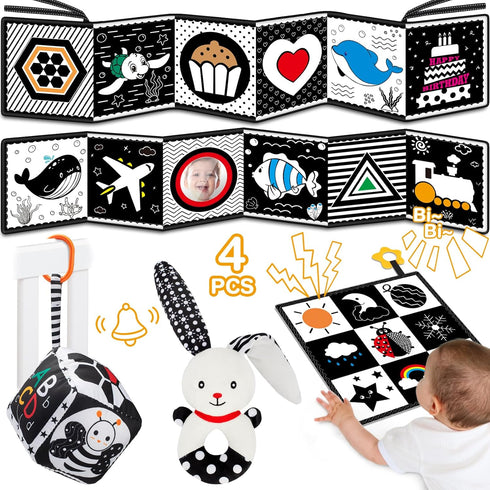 Baby Toys 0-6 Months - 4 Pcs High Contrast Black and White Baby Toy 0-3 Months for Newborn - Tummy Time Toys Infant Sensory Toys Soft Book for Bab...