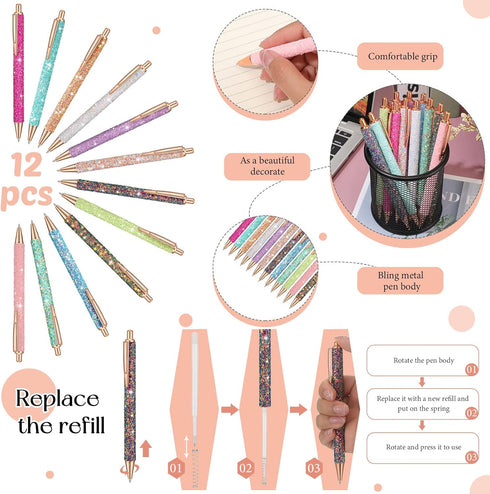 Sabary 12 Pcs Cute Pens for Nurses Women Girls Glitter Pen Fancy Pens with 12 Pcs Replacement Refills Retractable Pretty Pens for Nurse Day(Novel ...
