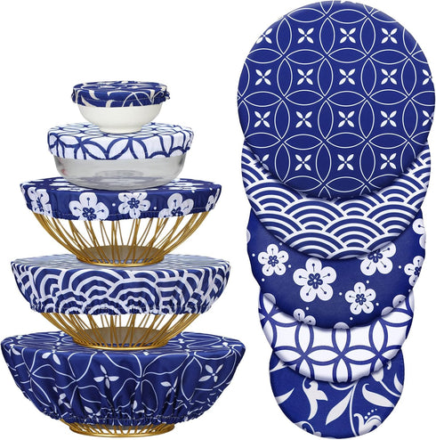 Patelai 10 Pieces Bowl Covers Reusable in 5 Size Stretch Cloth Fabric Bowl Covers Elastic Food Storage Covers Cotton Bread Bowl Covers Reusable Li...