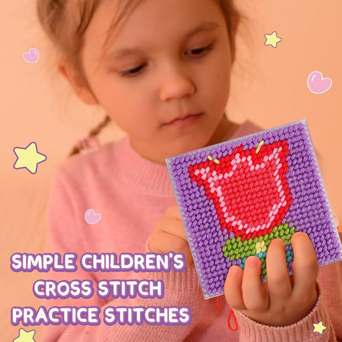 Caydo 8-in-1 Cross Stitch Kit for Beginners Kids, Includes 8 PCS Plastic Canvas with Pre-Patterns, 13 Colors Threads, Instructions, Embroidery Nee...