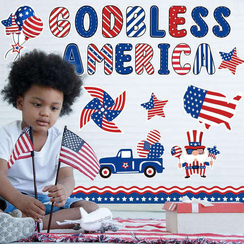 Whaline 95Pcs Patriotic Classroom Bulletin Board Decoration Kit God Bless America Bulletin Board Set Cartoon 4th of July Cutouts with Glue Points ...