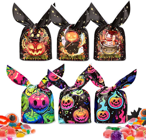 100PCS Halloween Treat Bags Candy Bags, Kids Trick or Treat Bags Goodie Bags, Cute Rabbit Ear Small Halloween Cookies Plastic Gift Bags for Hallow...