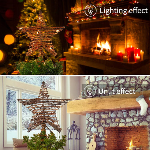Rattan 3D Star Tree Topper - 12" Rustic Rattan Star with Built-in 10-Bulb String Lights for Christmas Tree Decoration...