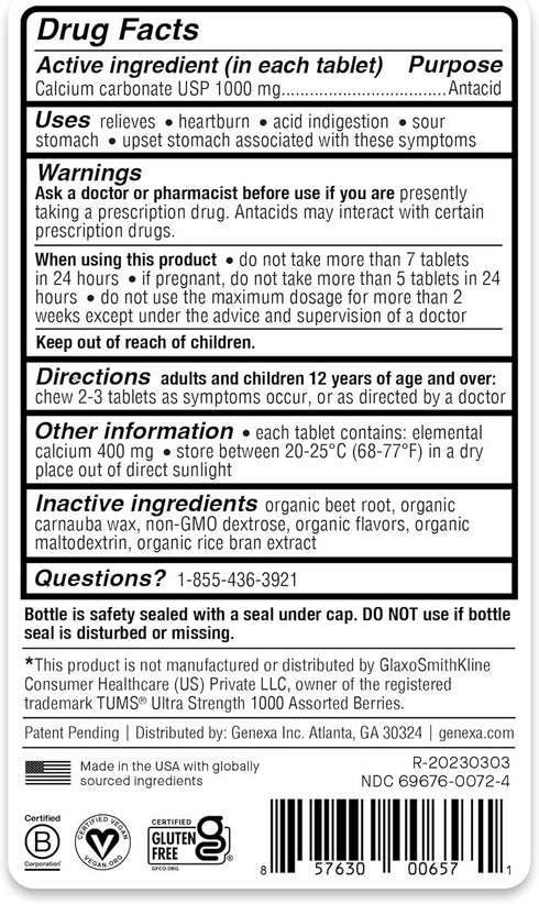 Genexa Antacid Maximum Strength Chewable Tablets | Calcium Carbonate Acid Reducer Relief for Heartburn, Acid Indigestion, & Upset Stomach | Delici...