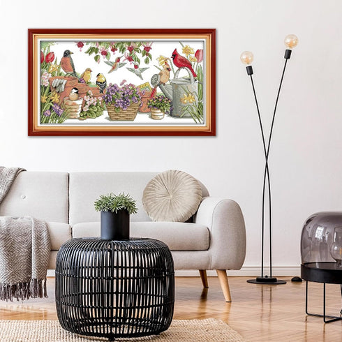 Maydear Cross Stitch Kits for Adults DIY Stamped Cross Stitch Needle Punch Embroidery Kit for Beginner 11CT 3 Strands 27.2×15.4 inches - Birds Gat...